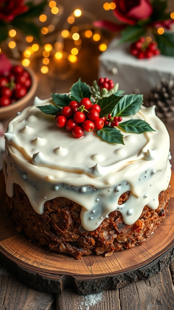Homemade Christmas Fruit Cake Recipe A festive homemade Christmas fruit cake decorated with icing and holly, on a wooden table with holiday decorations.